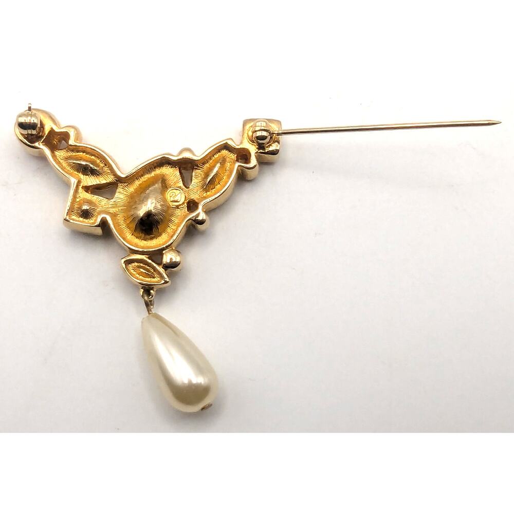 SWAROVSKI Vintage Gold Tone Pastel Crystal Faux Pearl Dangle Brooch Pin 2in - Picture 6 of 9